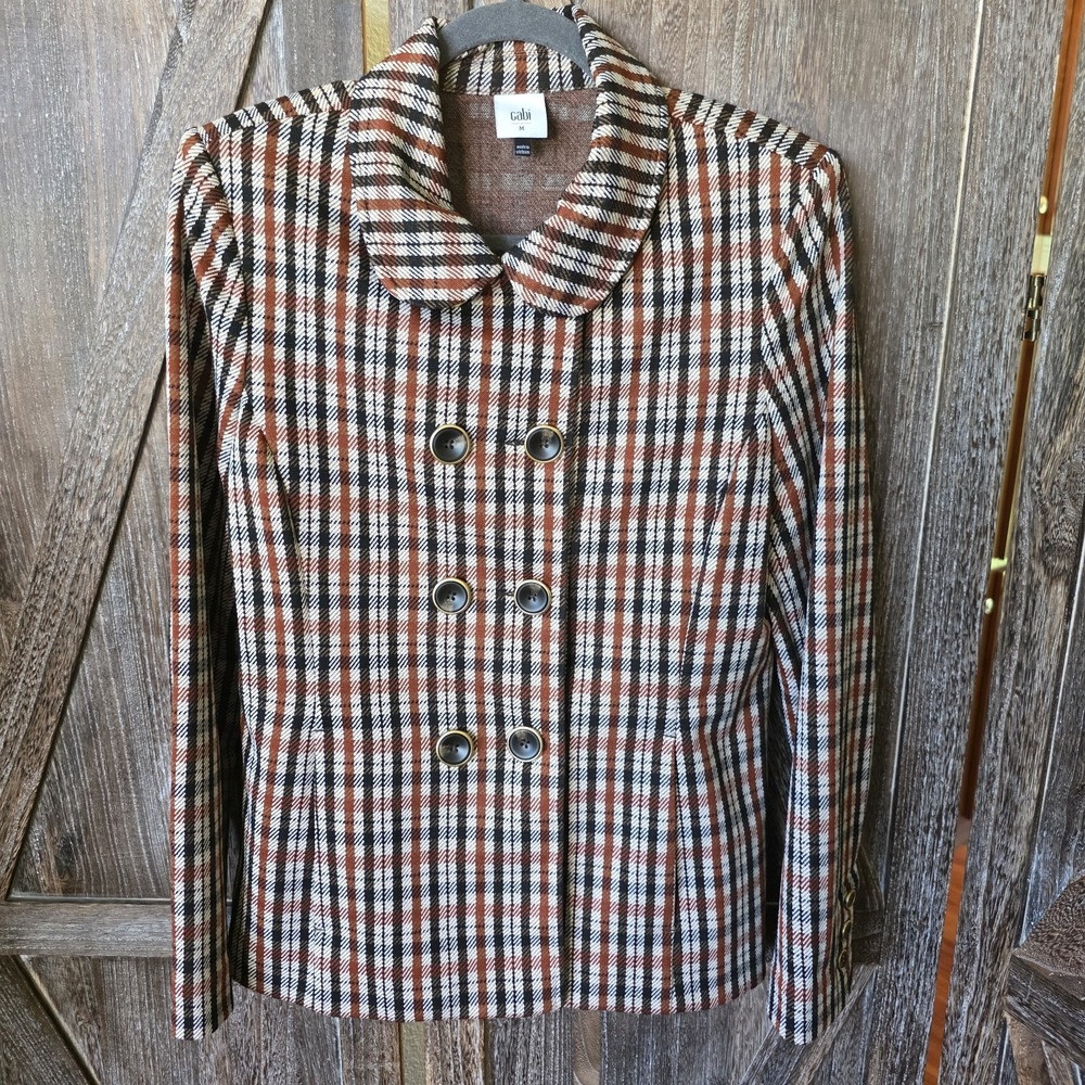 Cabi Jacket Women's Size Medium Brown Plaid Blazer Stretch Knit Pockets